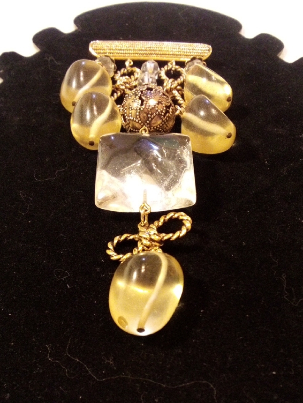 Gold-Tone Brooch with Yellow Beads and Clear Accent